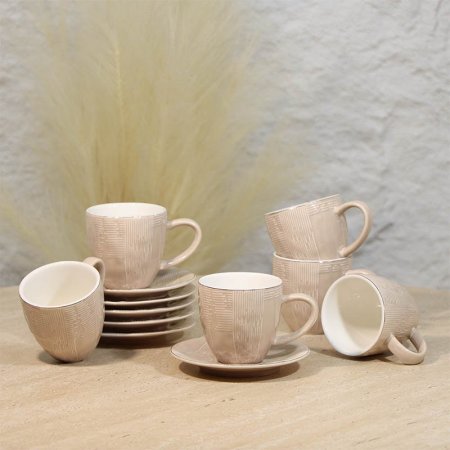 طقم فناجين قهوة 6/6 بورسلان كابتشينو اطار محززحيف ذهبي A48/22 =ع4